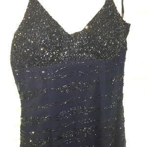 Long beaded sequin navy dress, back slit